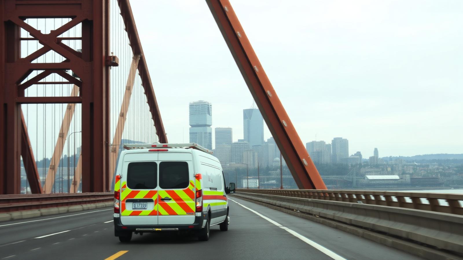 A work van crossing a bridge over the Columbia River toward the Portland skyline
