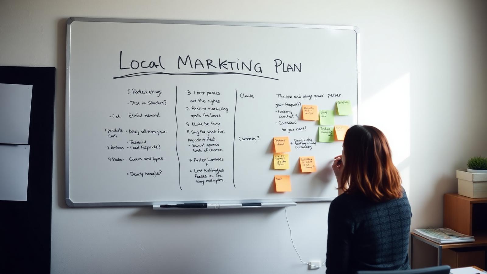 A hand-written local marketing plan on a whiteboard with sticky notes