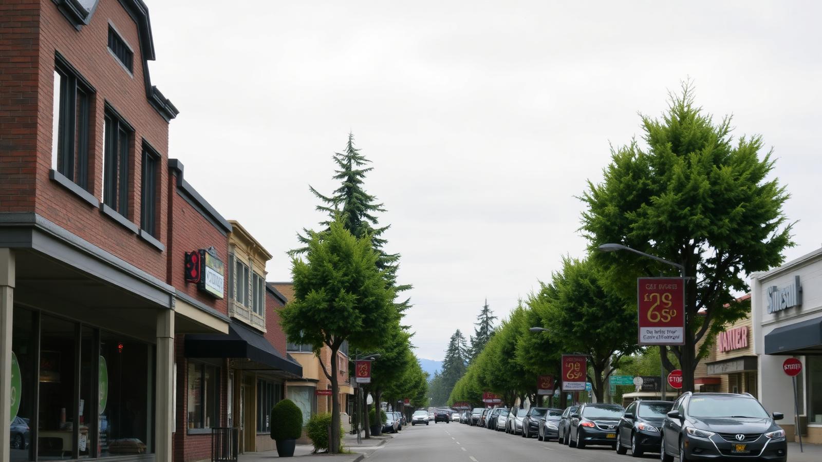 A Vancouver Washington street with local storefronts and fir trees on an overcast day