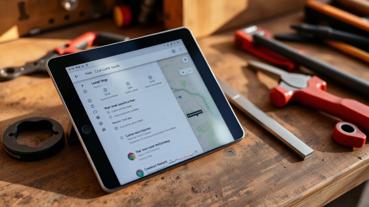 Tablet showing local map search results resting on a contractor workbench with hand tools