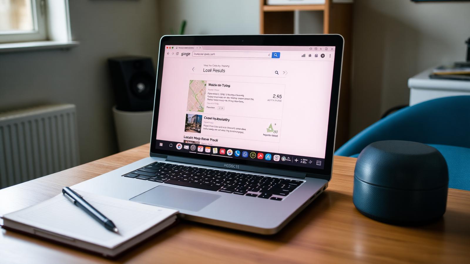 A laptop on a desk showing local map search results next to a notebook