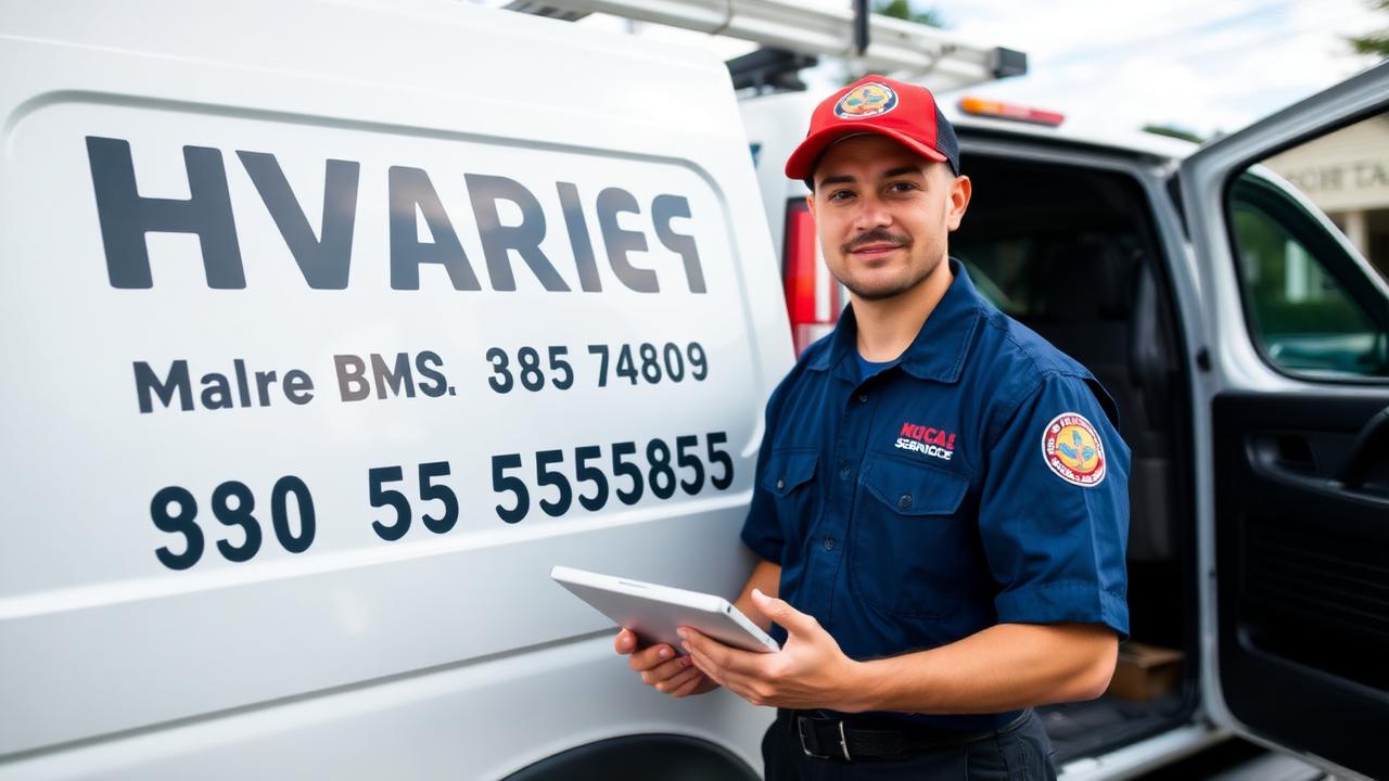 An HVAC technician holding a tablet beside a service van on a suburban street