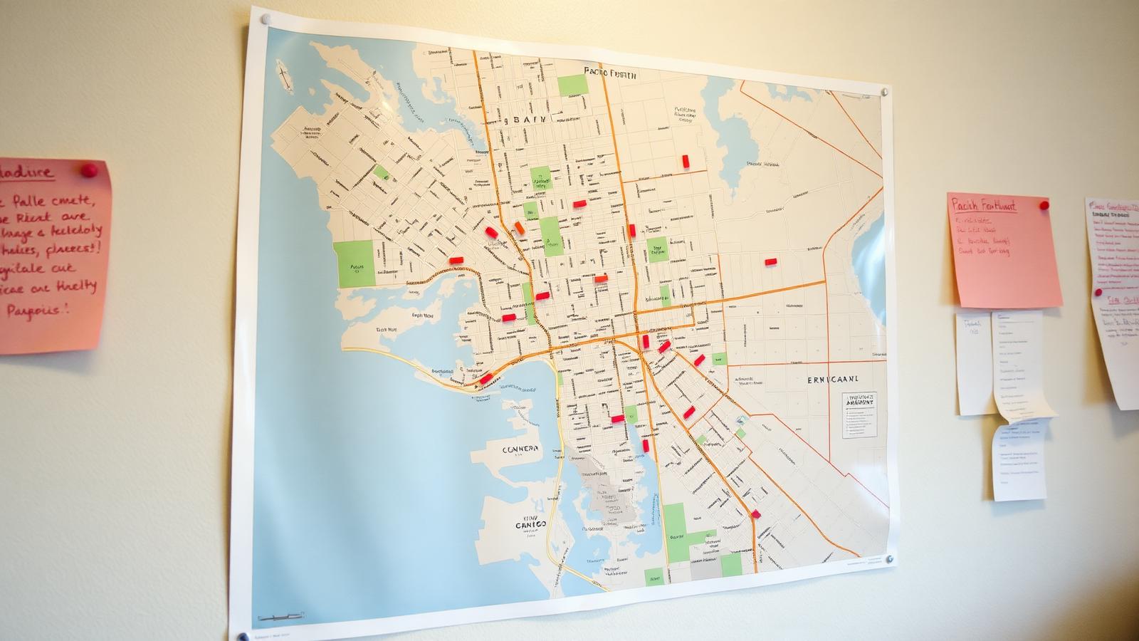 Neighborhood map of a Pacific Northwest suburb pinned to a wall with markers
