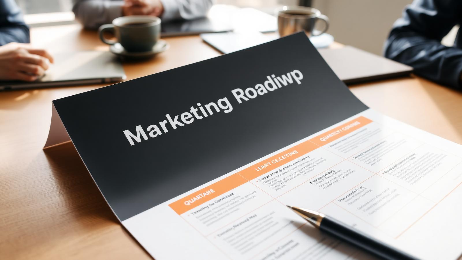 A printed marketing roadmap document with quarterly steps on a conference table