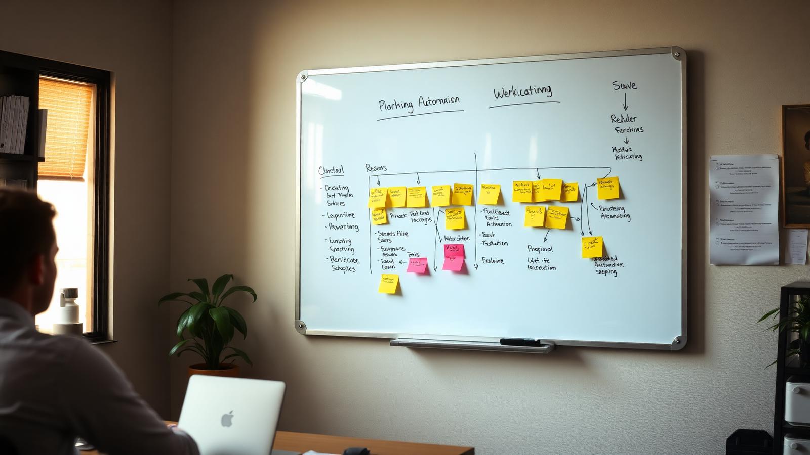 A marketing automation workflow drawn on an office whiteboard with sticky notes