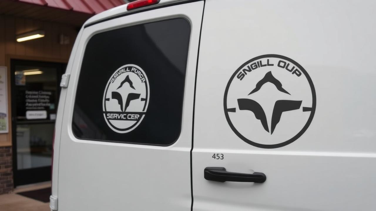 White service van with a clean logo decal parked outside a small business storefront