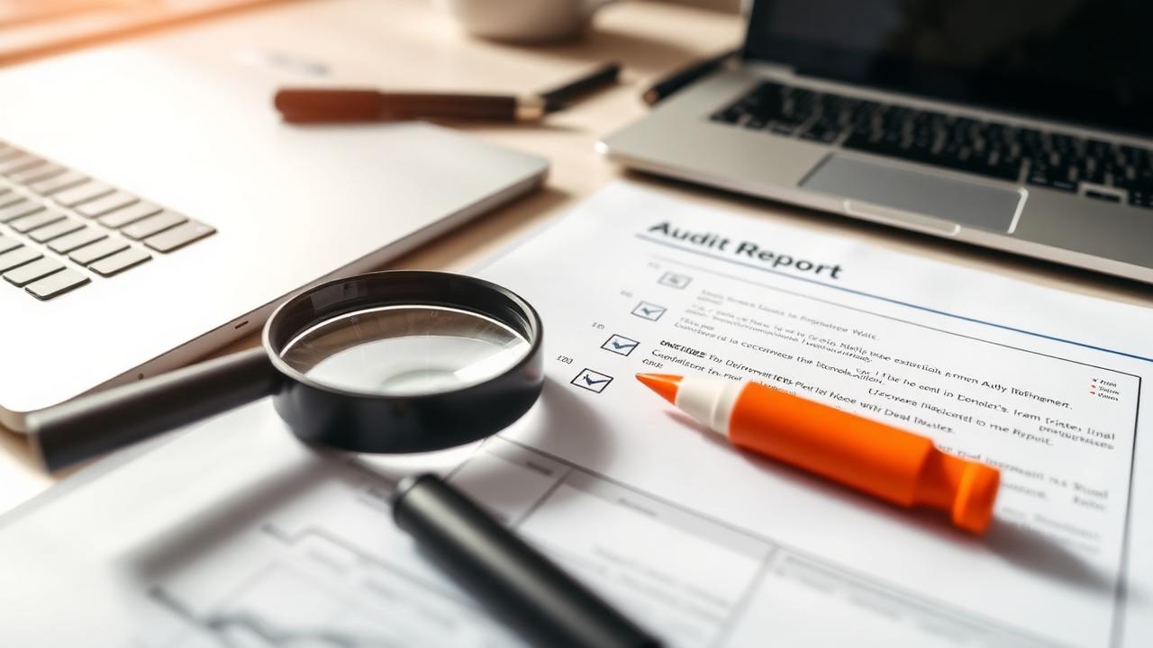 Printed audit report with checkmarks and a magnifying glass on a desk beside a laptop