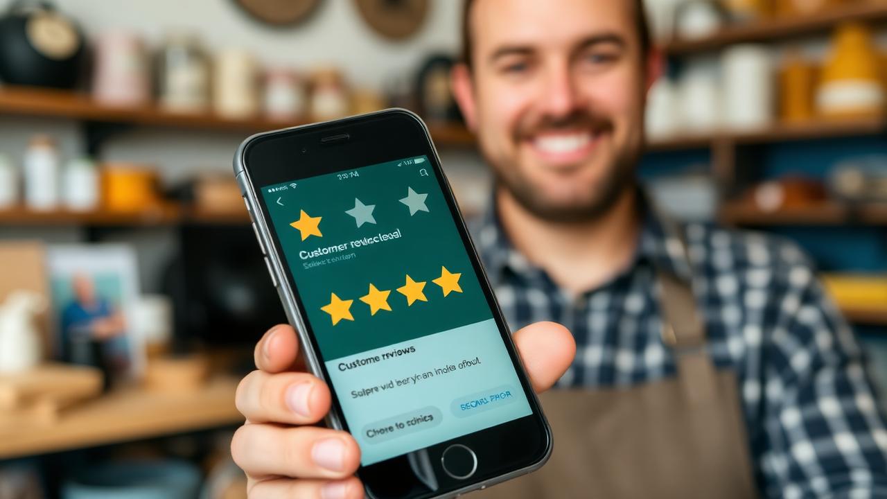 Business owner holding a phone displaying customer star reviews inside a shop