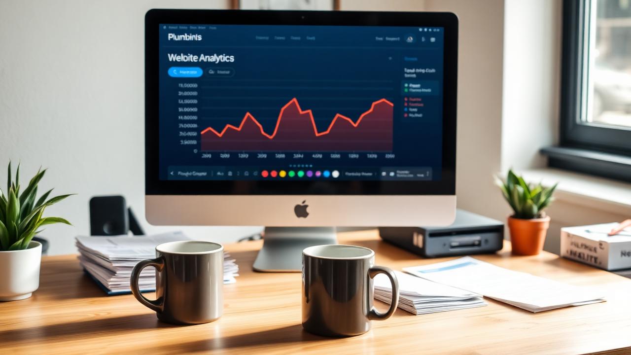 Desktop monitor showing a website analytics chart on a plumbing company office desk