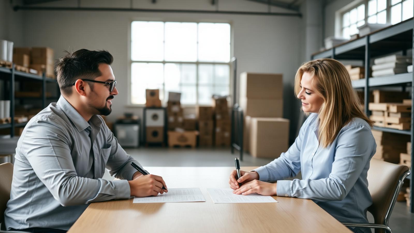 Two business owners signing a referral partnership agreement in a warehouse office