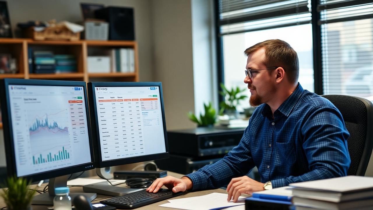 An office manager comparing cost-per-click reports across two screens