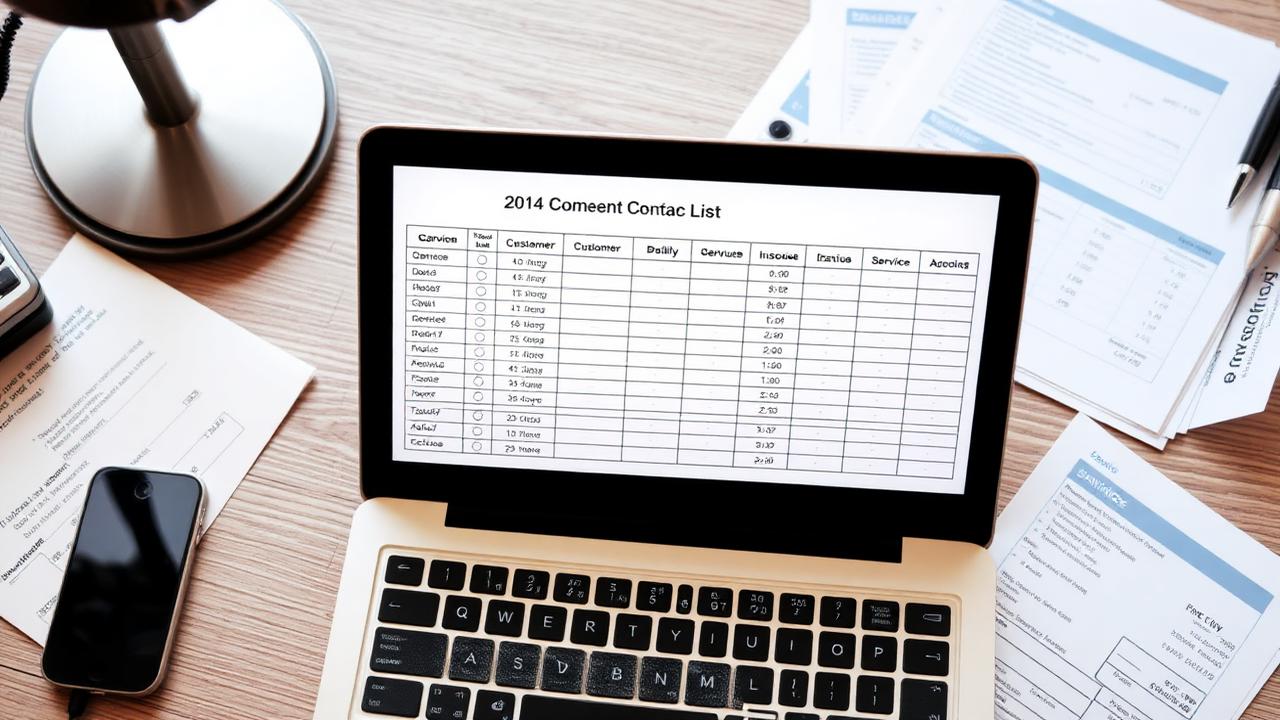 A customer contact list on a laptop beside service invoices on a desk