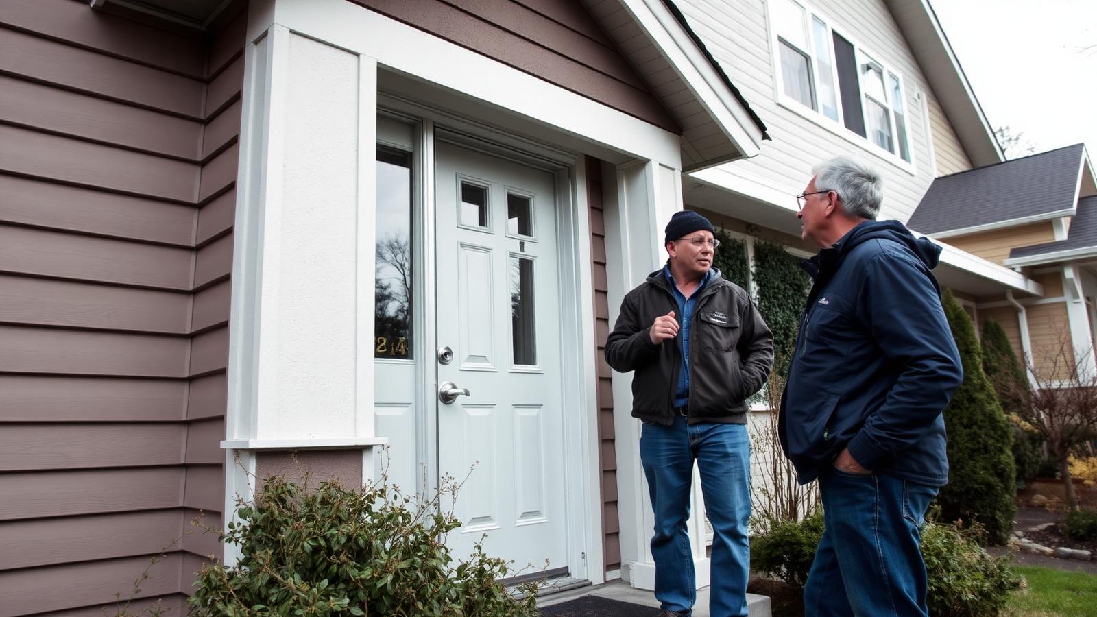 A technician talking with a homeowner at the front door of a suburban house