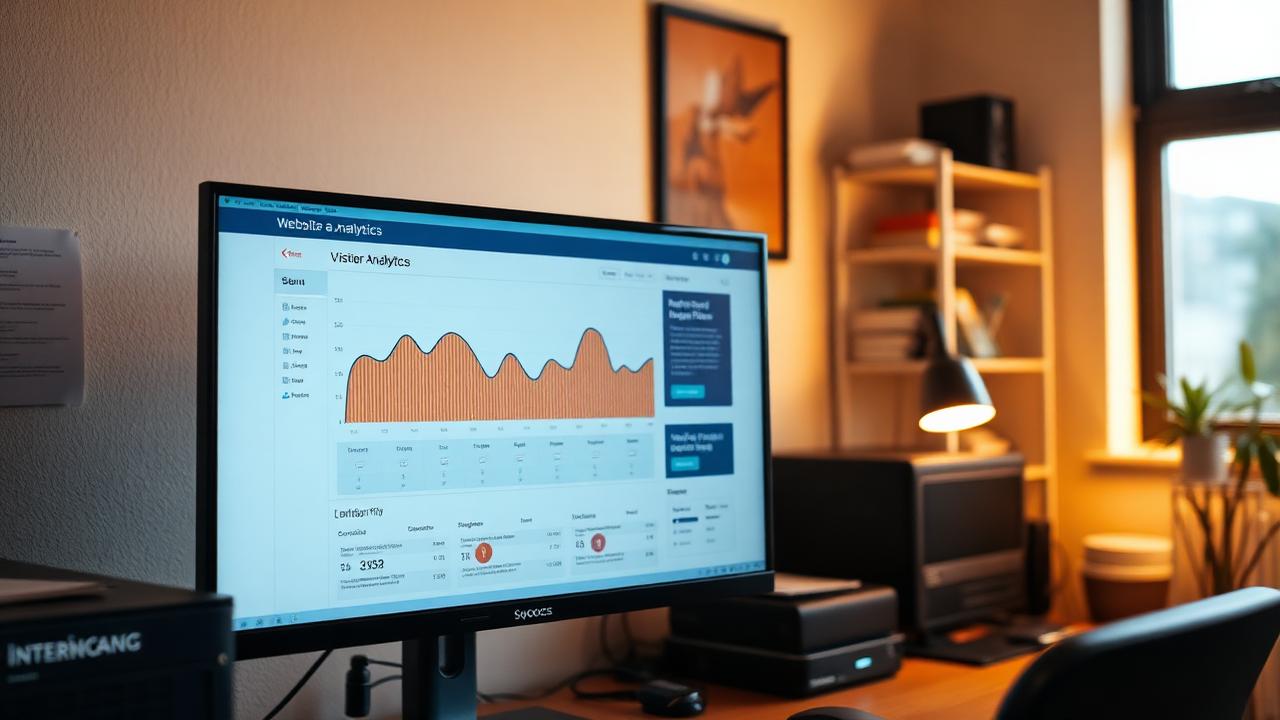 A website analytics visitor flow chart displayed on a monitor in a small office