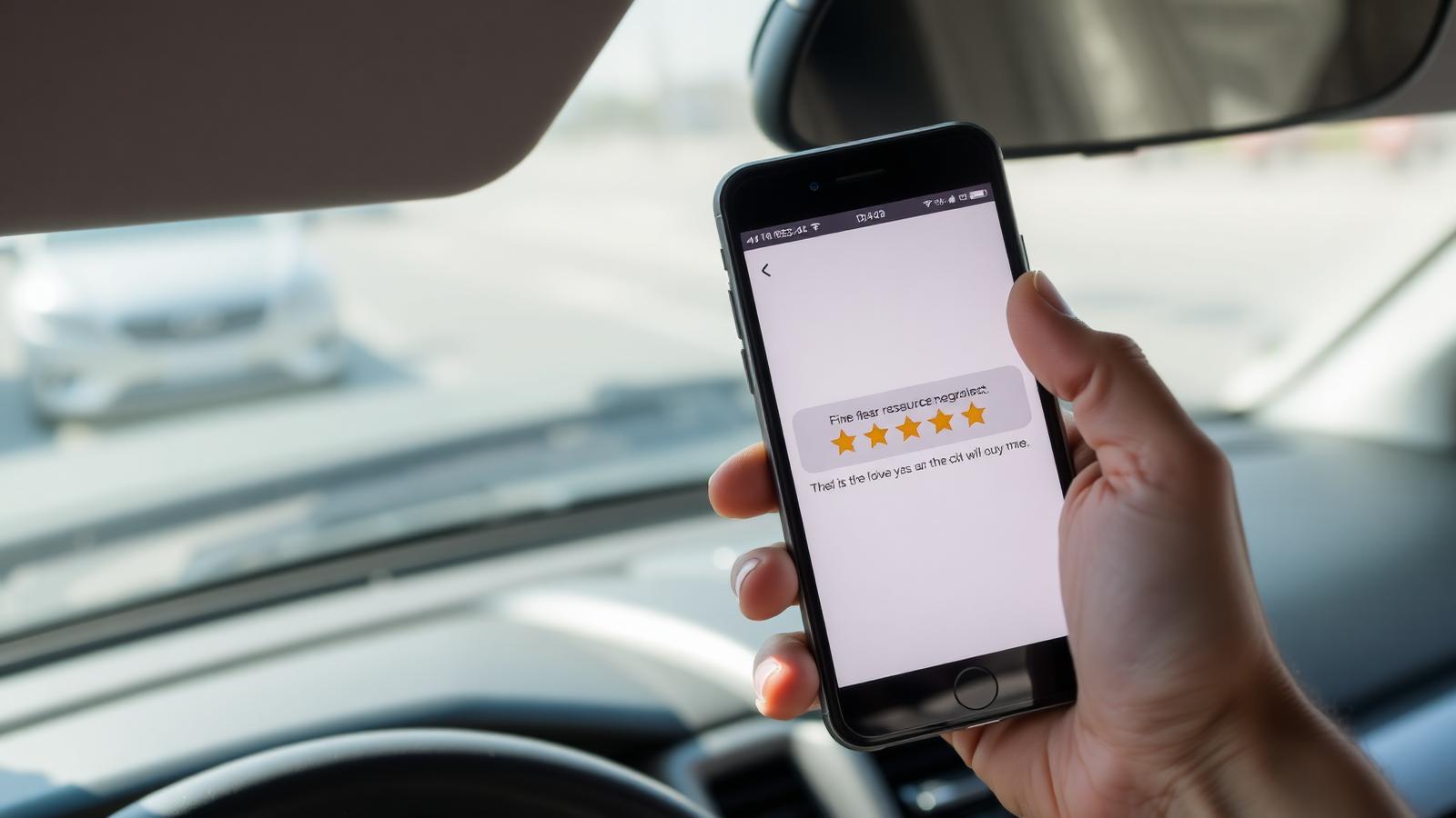 A hand holding a phone showing a five-star review request message inside a service van