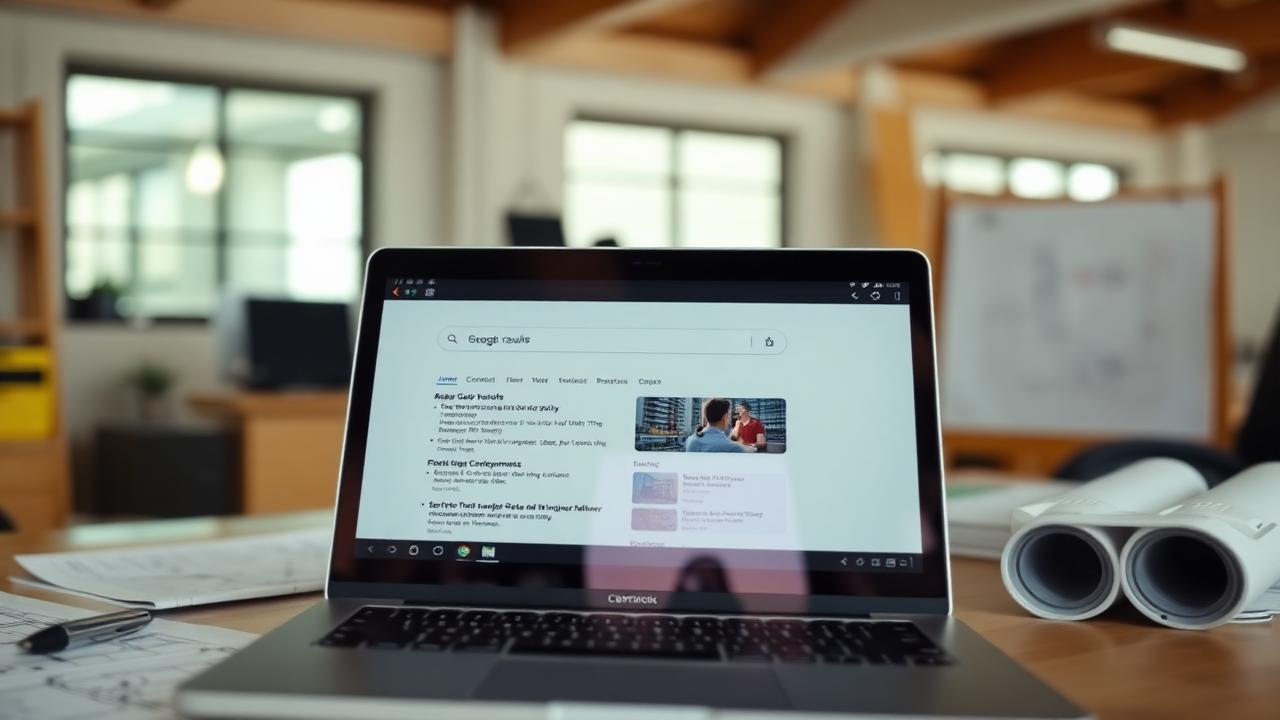 A laptop showing a search results page in a contractor office with blueprints