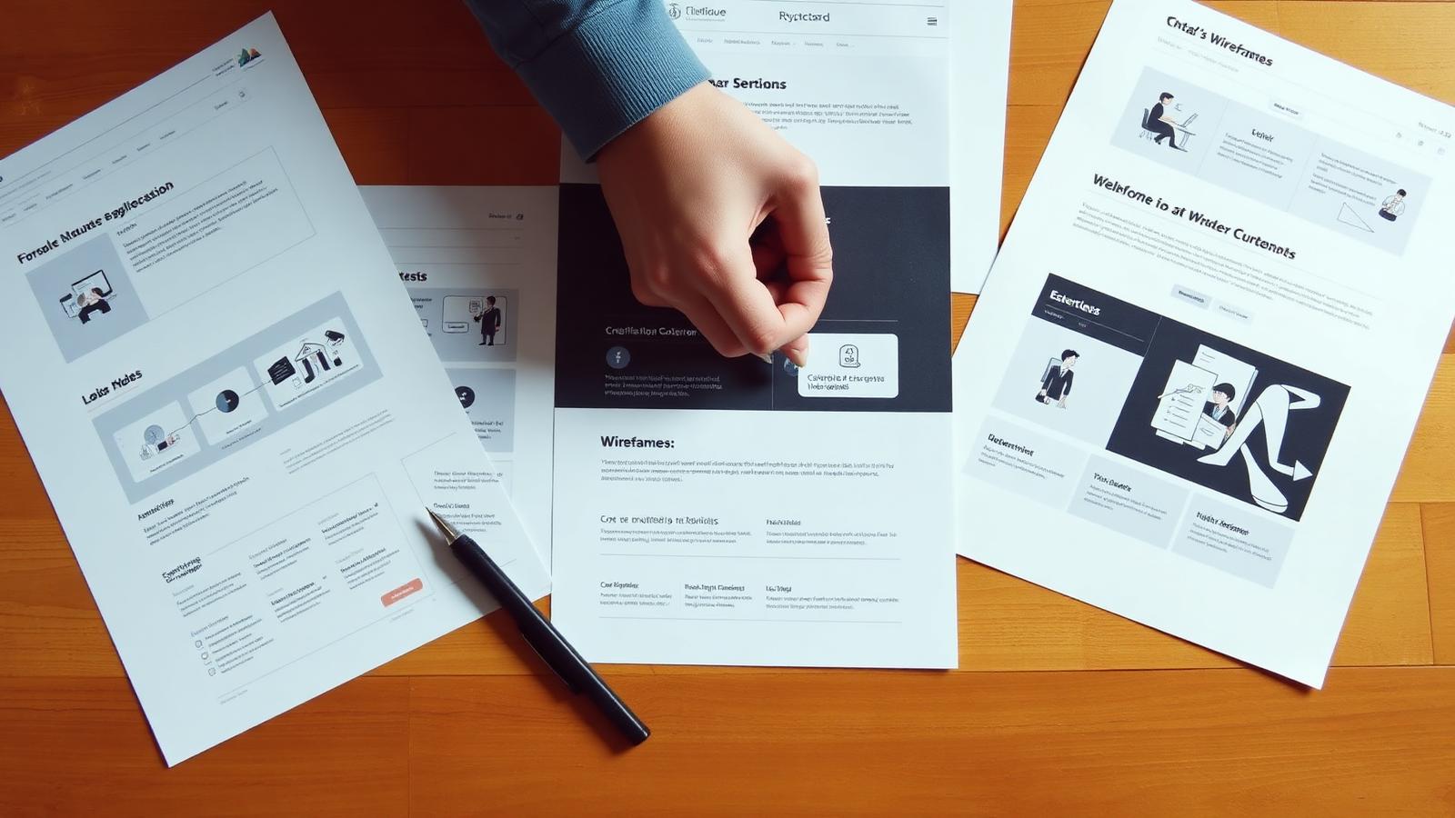 Printed website page wireframes for individual services spread on a table with a pen