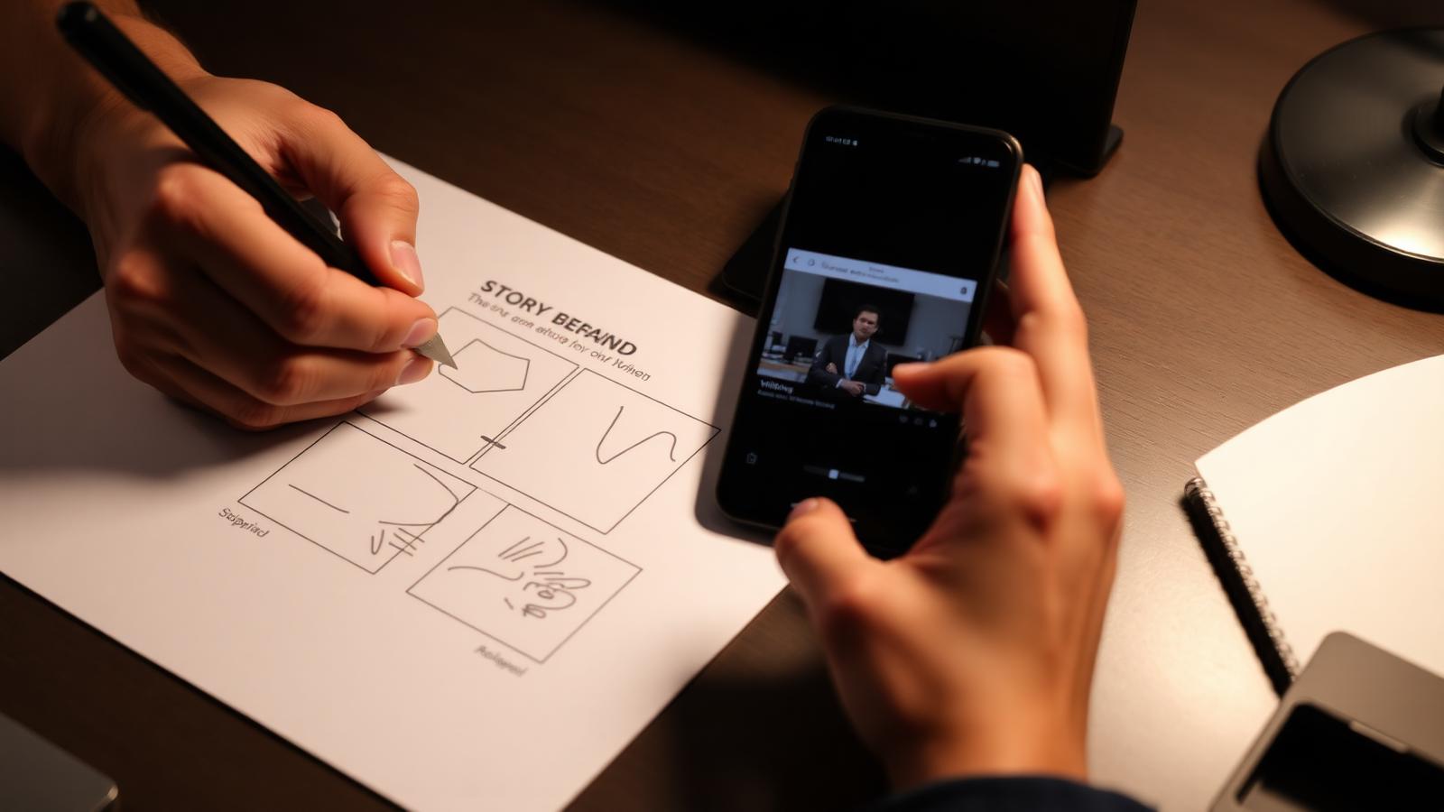 Hands sketching a three-panel storyboard beside a phone playing a short video