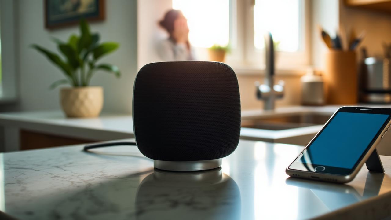 Smart speaker on a kitchen counter beside a phone in a bright home kitchen