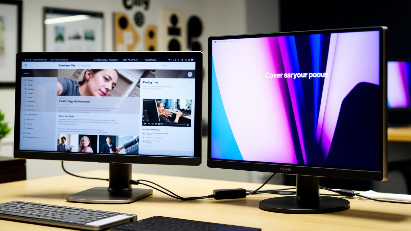 An older website on one monitor beside a modern redesigned website on a second monitor