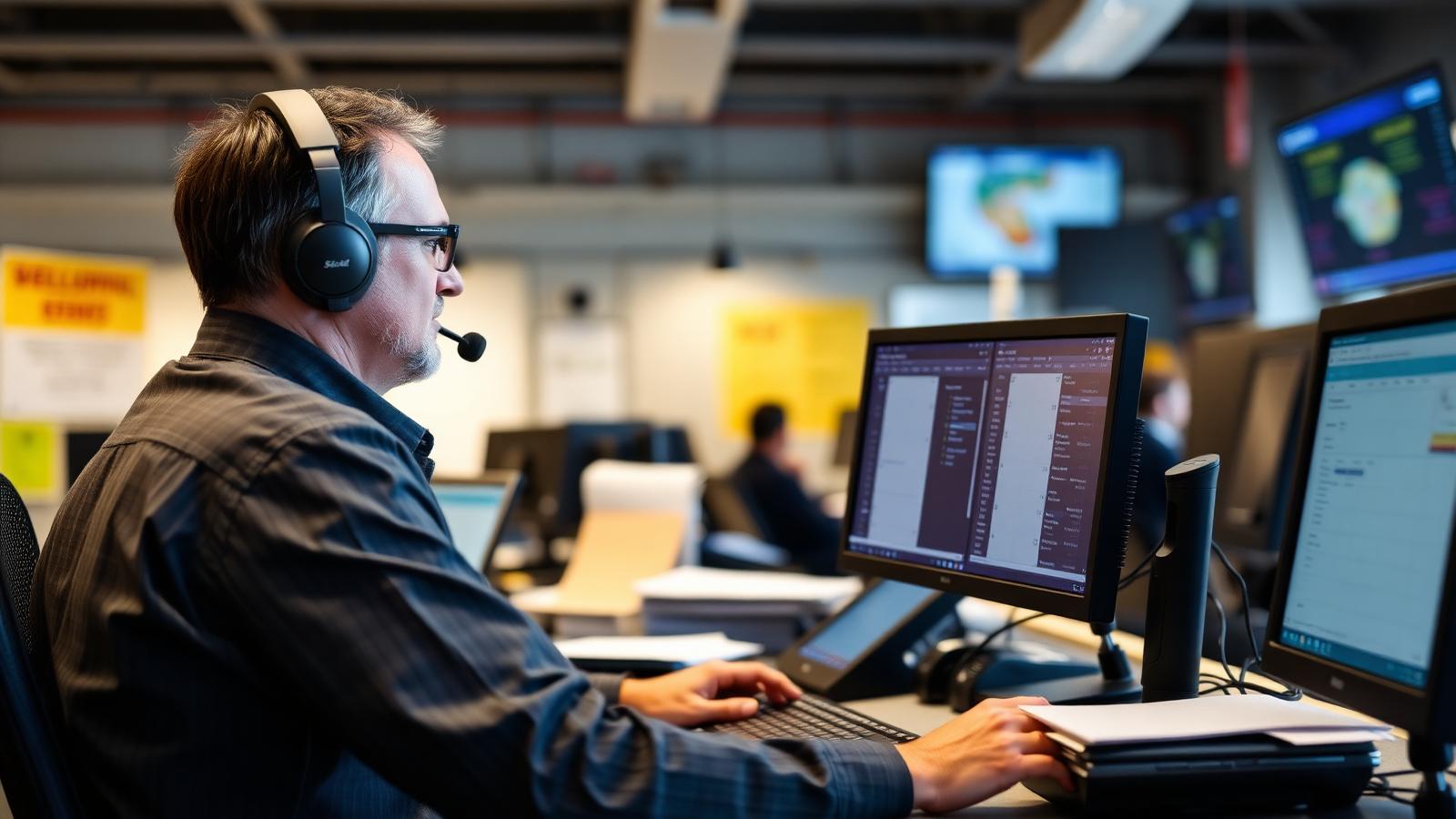 A dispatcher working at a two-monitor workstation coordinating service jobs