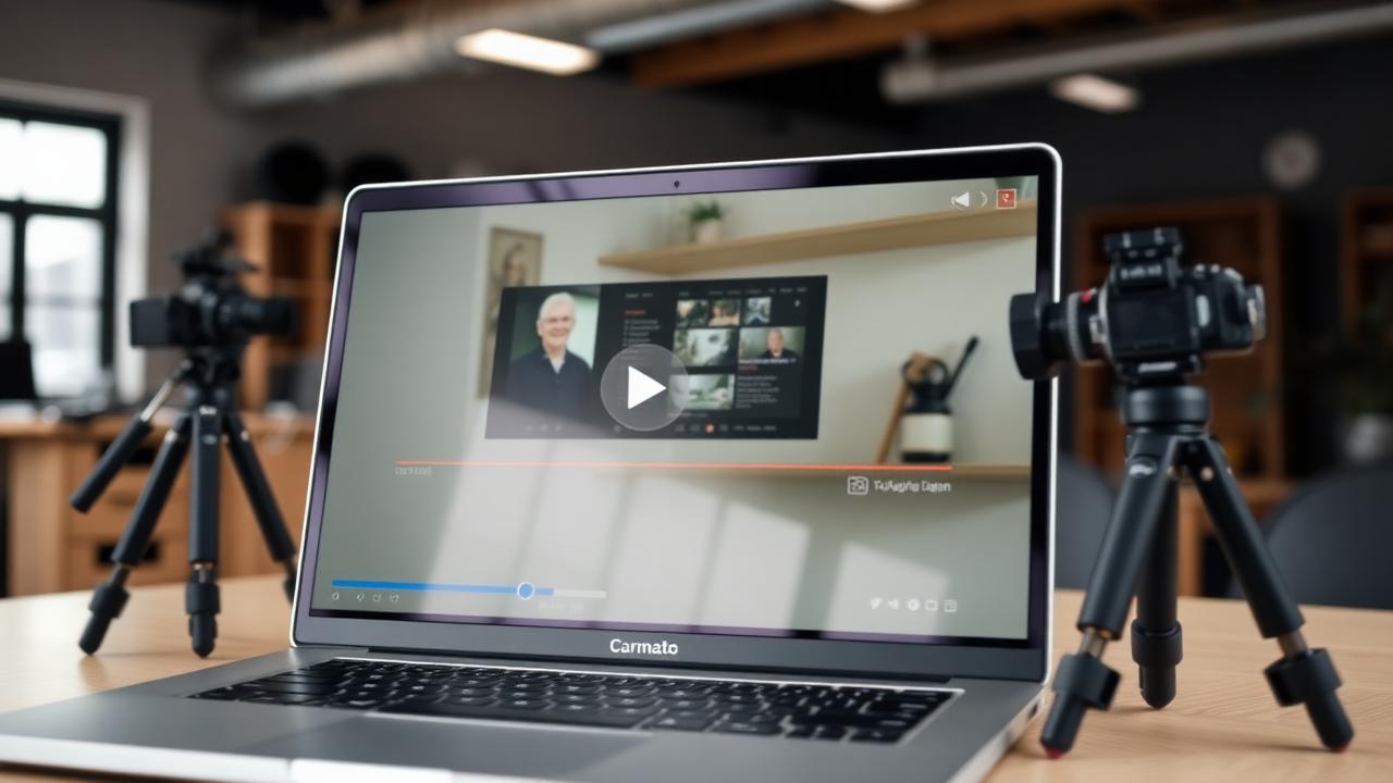 A laptop playing a video with camera tripods in a small production office