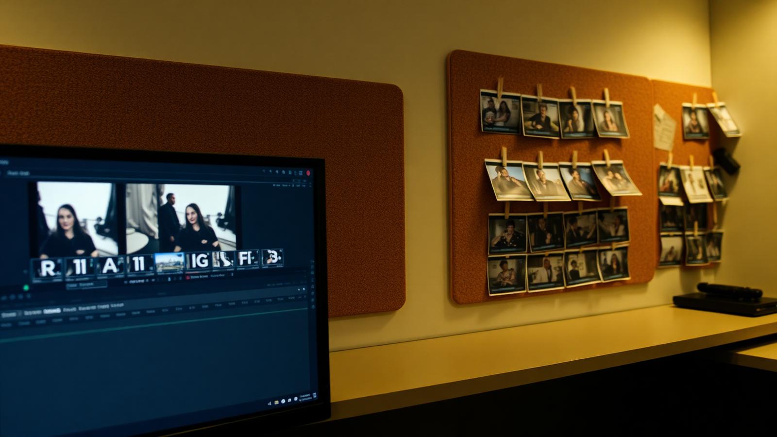 Editing bay with a video timeline on screen and thumbnail frames pinned to a board